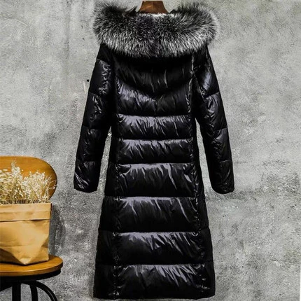 Зимний пуховик, Женское пальто, теплое пальто с капюшоном, Воротник из меха енота, верхняя одежда, женская мода, длинное пальто, 90% белый утиный пух, куртки - Цвет: Black white fur coat