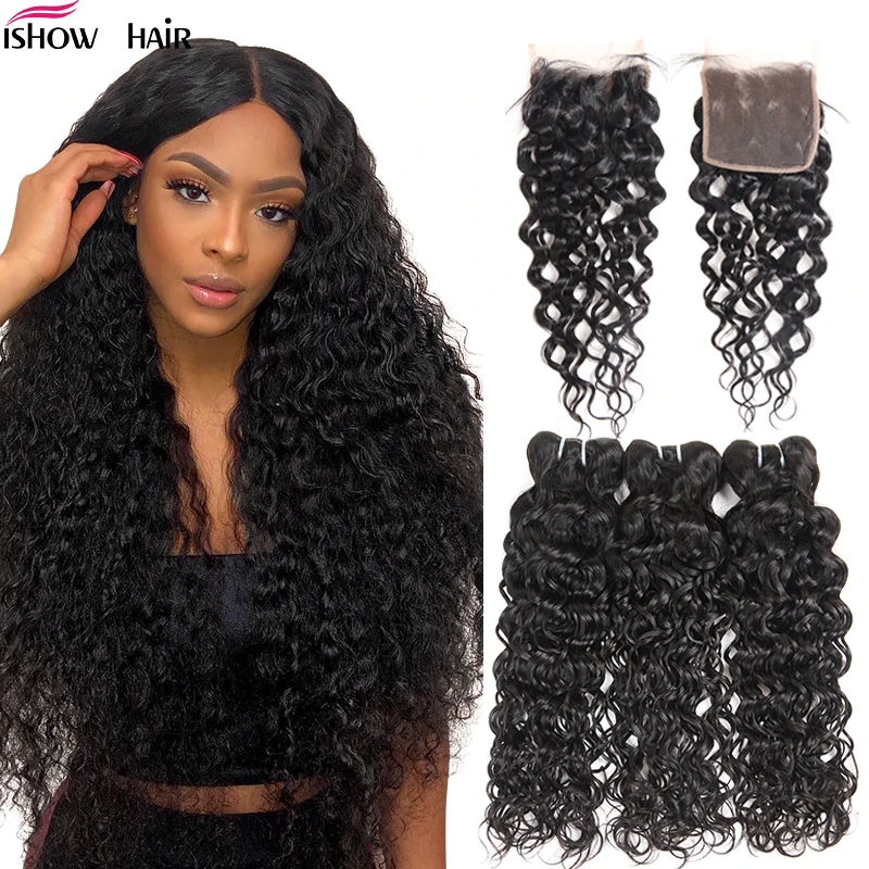 

Ishow Water Wave Bundles With Closure 100% Human Hair Bundles with Closure Brazilian Hair Weave Bundles With Closure Non-Remy