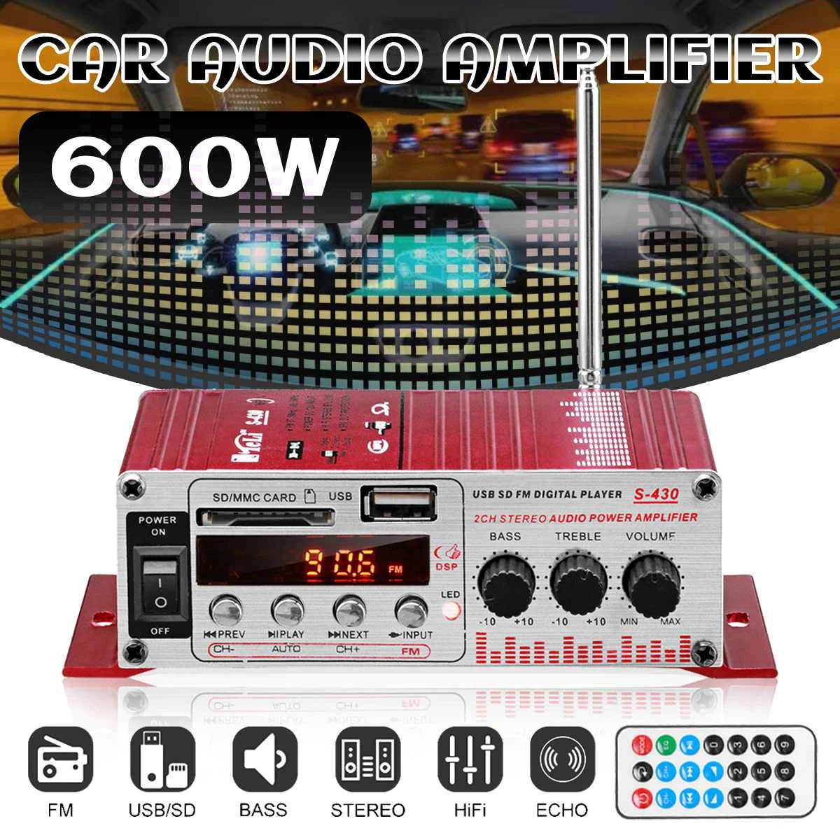 S430 600W 12V/220V 2.0CH Car HIFI Audio Amplifier LCD Display ClassD Power Amplificador Radio Car Home Karaoke Speaker FM USB SD