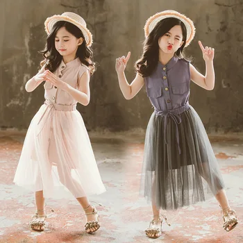 

2020 Kids Girls Clothes Set Solid Dress+Mesh Skirt Fashion Girl Summer Clothes Teen Girls Children Clothing 4 6 8 10 12 13 Years