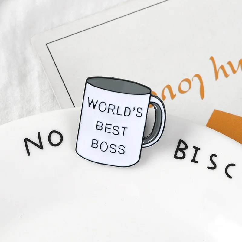 White Cup Enamel Pin World's Best Boss Letter Brooch Denim Shirt Backpack Lapel Pin Cartoon Jewelry