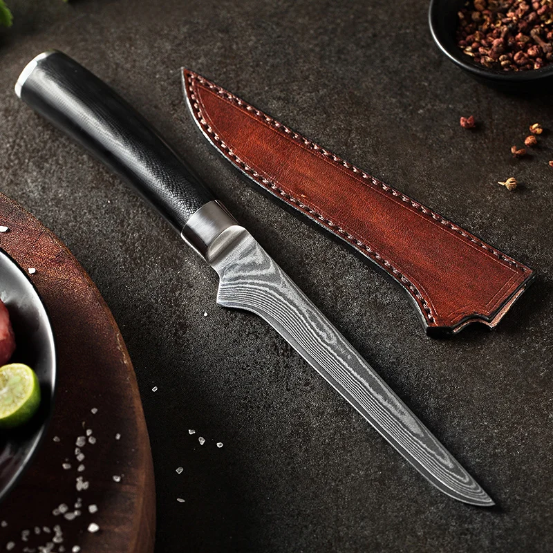 with Leather Sheath XINZUO 5,5 ''дюймовый обвалочный Филейный нож 67 слоев дамасской нержавеющей стали филейные ножи китайский кухонный нож с g10 ручкой - Color: with Leather Sheath