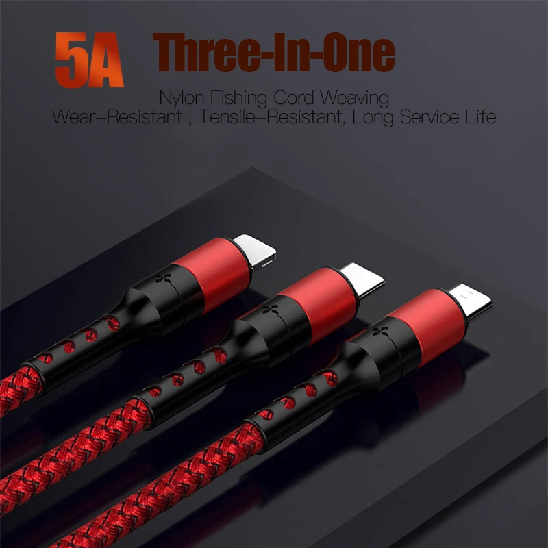 5A 3 в 1 нейлоновый USB кабель type-C mi cro USB супер зарядное устройство kable для Iphone 11 xiaomi mi 10 huawei USB кабель передачи данных для быстрой зарядки