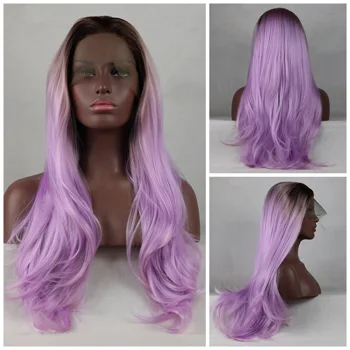 

synthetic Hair Long Wave Wigs High Temperature Fiber Ombre purple synthetic lace front wig For Women