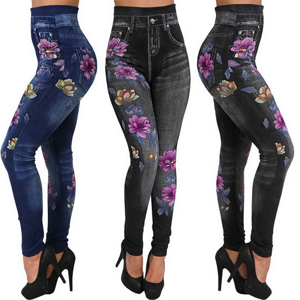 fabletics leggings JODIMITTY Fashion Slim Women Leggings Floral Print Pencil Faux Denim Jeans Leggings Casual Women Clothing Plus Size Pencil Pants spanx leggings