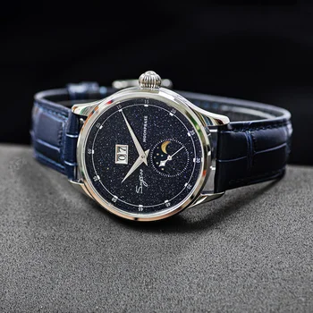 Sugess Seagull ST2528 Movement Mechanical Wristwatch Men Watch Luxury Real Blue Stone Dial Stainless Steel Case Moonphase Clock 1
