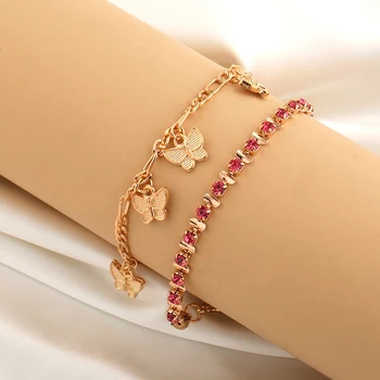 

2 Pcs Simple and Sweet Butterfly Tassel Foot Ornaments Multi-layer Set Anklet Pink Claw Chain Copper Ornaments