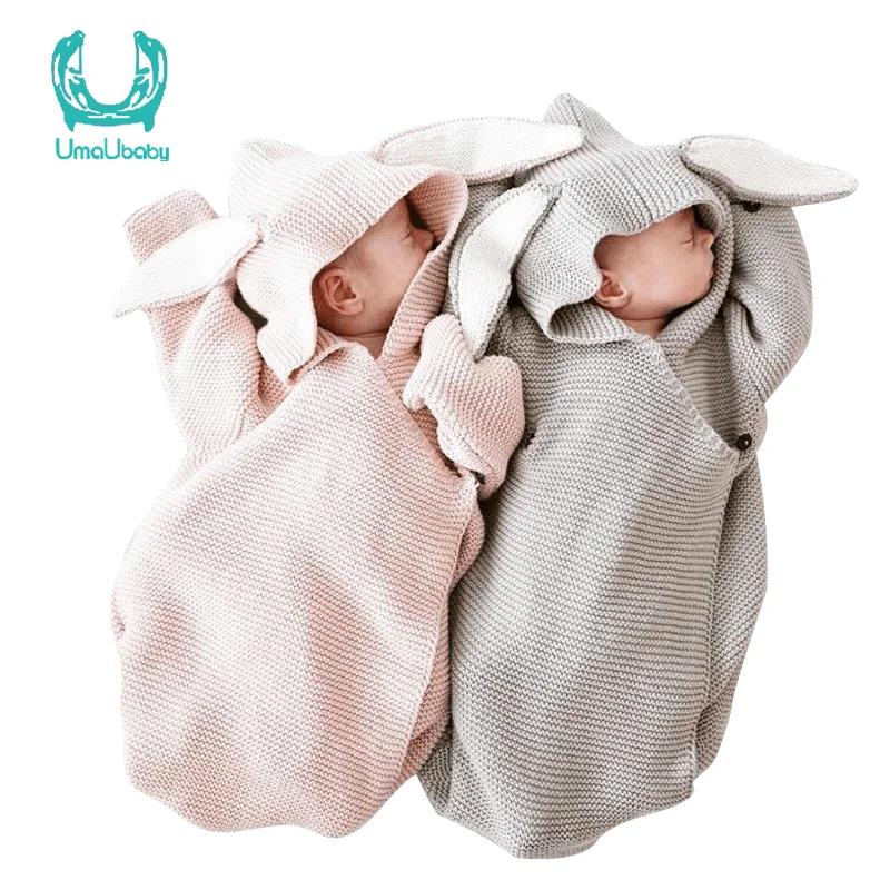 

Umaubaby Baby Cute Rabbit Eared Sleeping Bag Knitted Warm Anti-Kick Baby's Blanket Stroller Wool Sleeping Bag