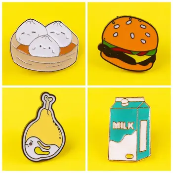 

Prajna Food Pins Badges for Clothes on Backpack Zinc Alloy Cartoon Badges Metal Chicken Leg Milk Pin Burger Cake Bun Badge
