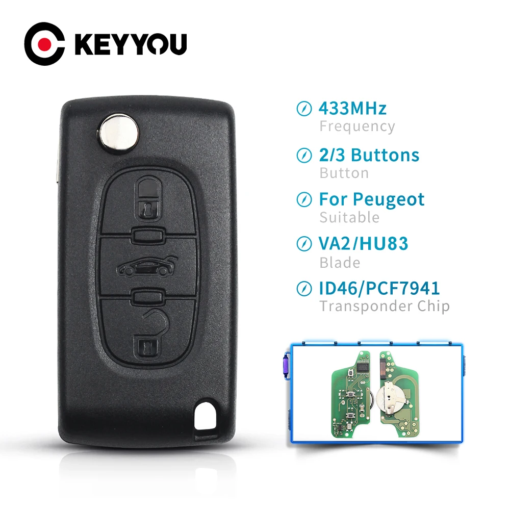 KEYYOU 2/3BT CE0536 CE0523 Remote Key Fob 433Mhz ASK For Peugeot 307 3008 308 408 433MHz ID46 Chip Car Flip VA2/HU83 Blade | Автомобили и