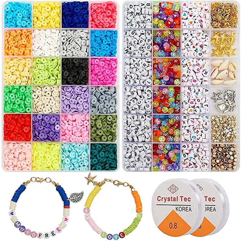 6mm Flat Round Polymer Clay Spacer Beads Kit Charms Lobster Clasp for Jewelry Making DIY Bracelets Earring Set Jewelry Findings