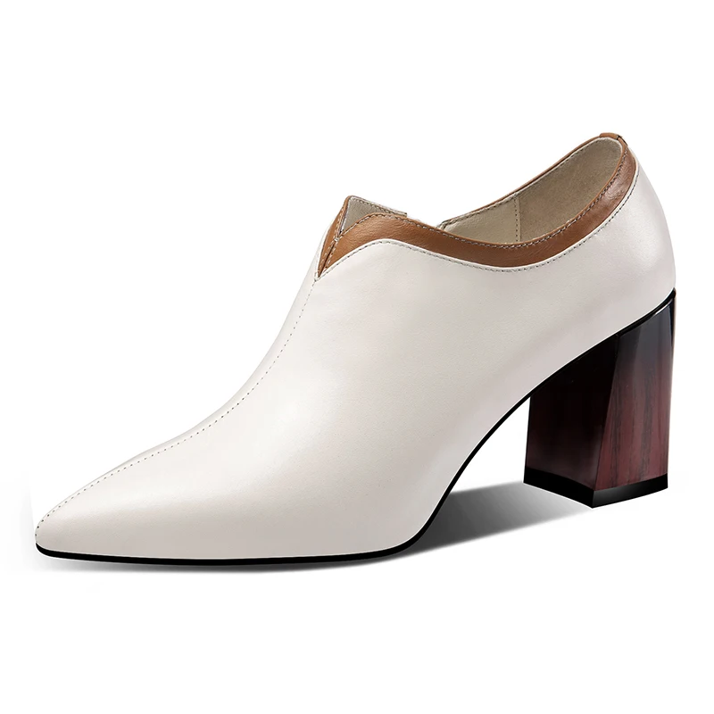 

Women's genuine leather bordered thick high heel pumps side zip elegant ladies OL style comfortable bride evening dress shoes