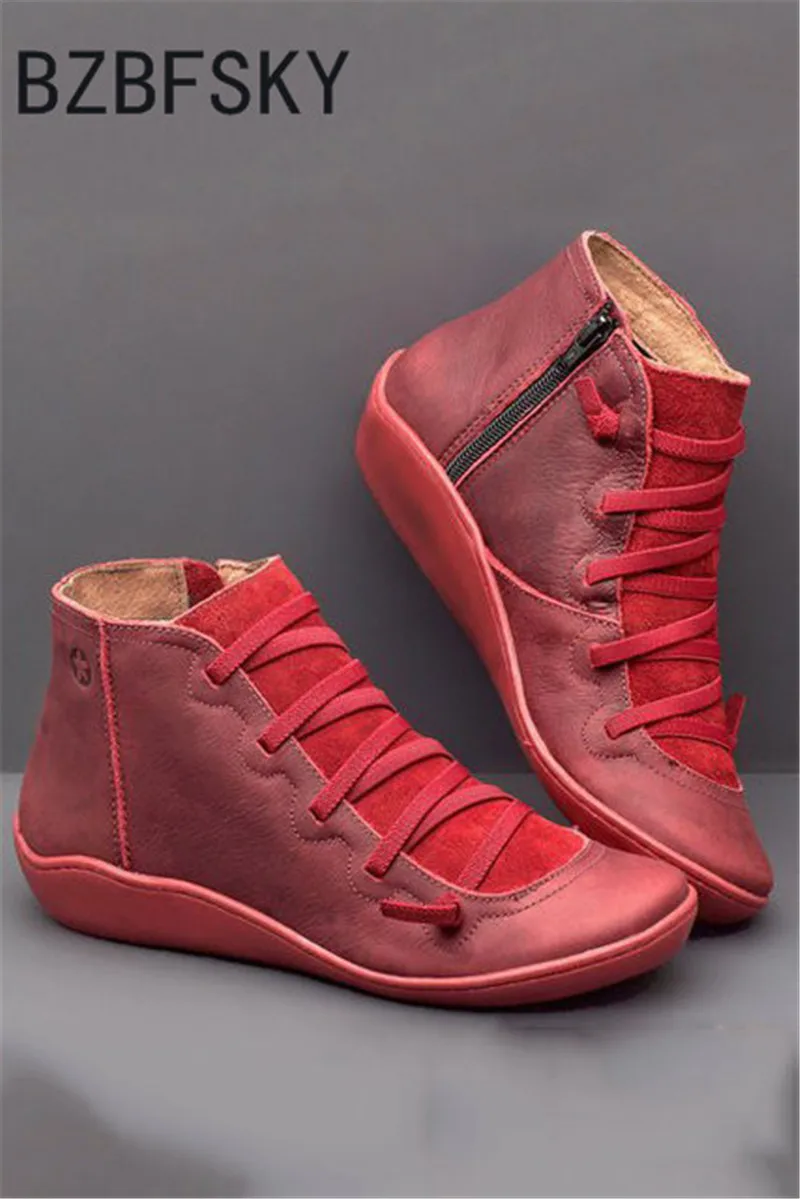Женские зимние ботинки из искусственной кожи; весенние ботильоны на плоской подошве; женские короткие коричневые ботинки на меху; женские ботинки на шнуровке; Botas Mujer
