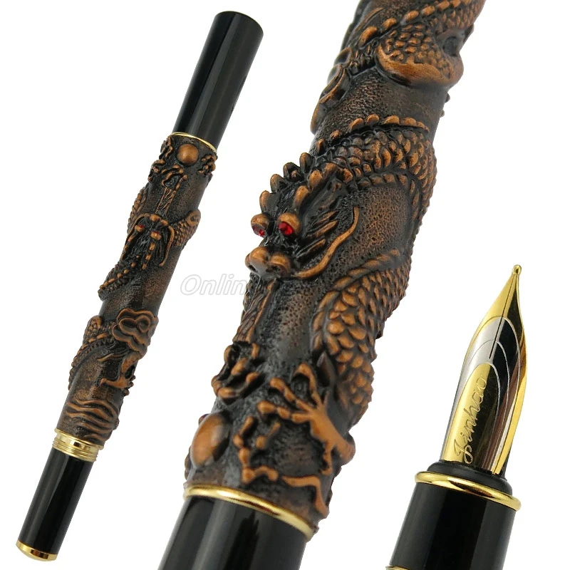 Jinhao Metallo Antico Bronzo Rosso Drago Orientale Intaglio Goffratura Pennino Medio Penna Stilografica Pesante Penna Regalo Scuola Ufficio