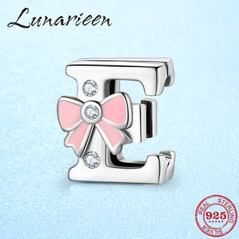 

Lettre E 925 Sterling Silver clips charms beads with CZ Pink bow Fit Original reflection Charm Bracelet jewelry making handmade
