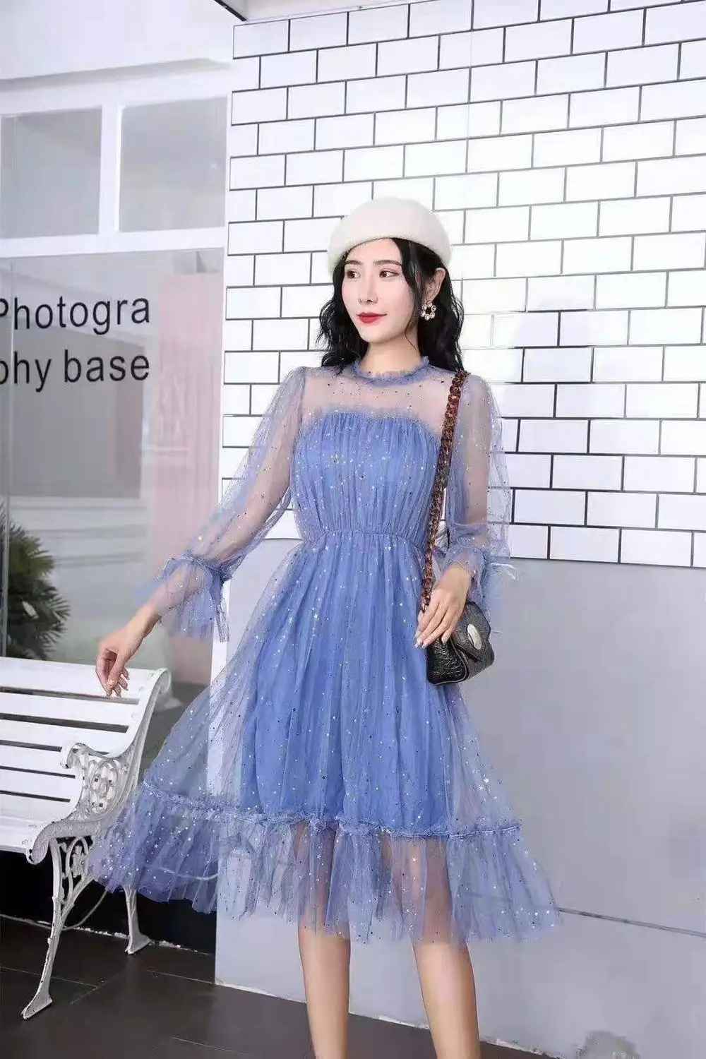 Синий Young Gee Модные женские прозрачные платья с блестками vestidos verano романтическое сексуальное Сетчатое милое свободное платье с оборками - Цвет: Синий