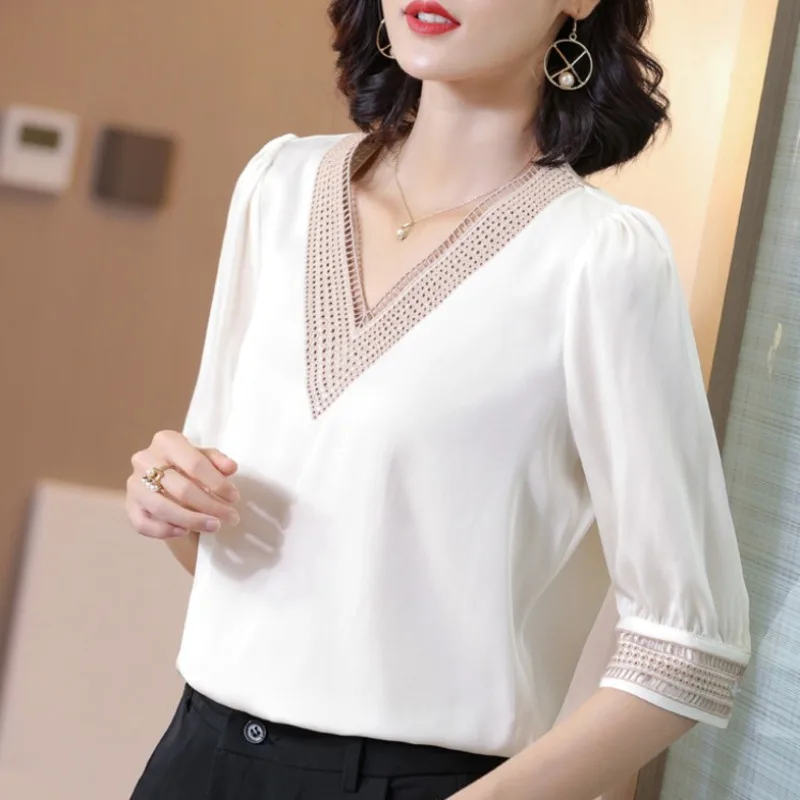 

Office Ladies Embroidered Satin Blouses Imitation Mulberry Silk Shirt Women's Summer 2020 New Elegant V-neck Solid White Blouses