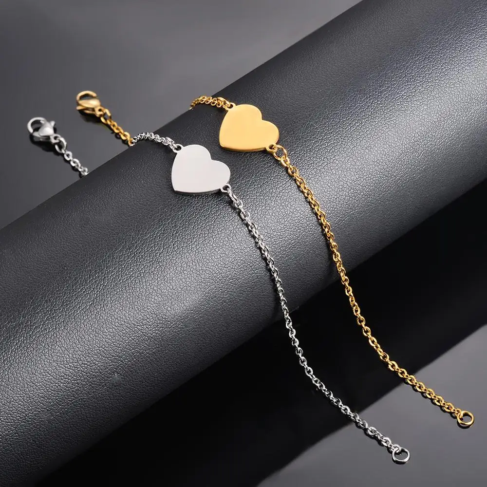 Dropshipping Custom Engraved Simple Heart Bracelets Gift For Women Romantic Jewelry Accessories Stainless Steel Chain Bracelet 4