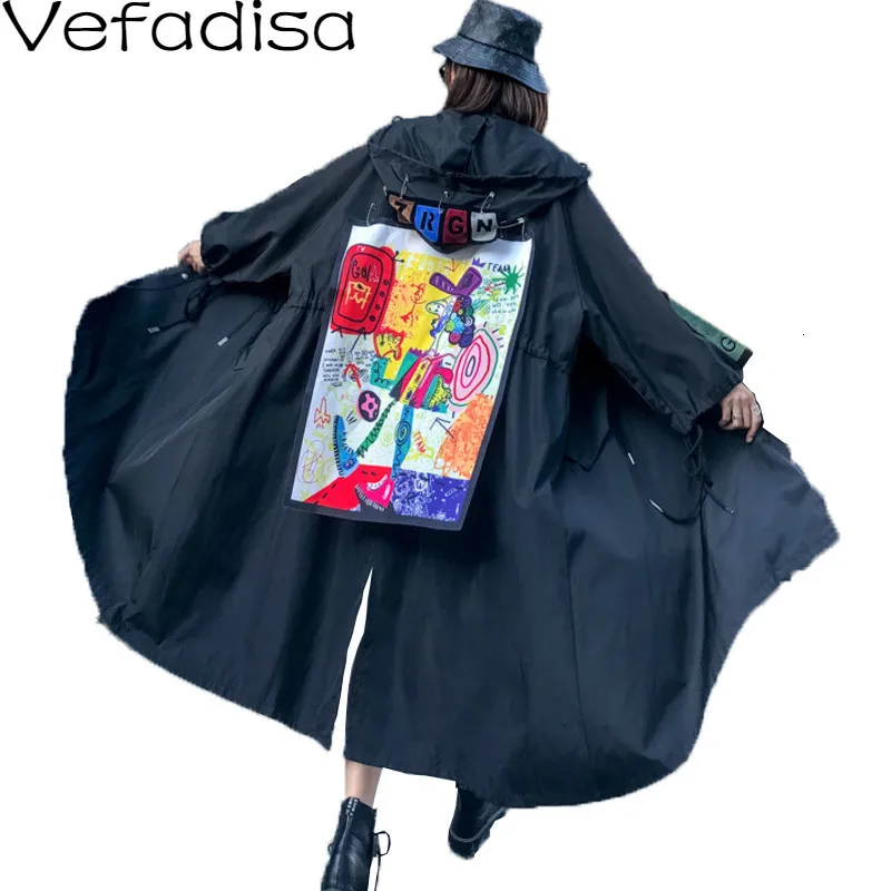 

Vefadisa Winter Spliced Trench Coat Woman Cartoon Print Hooded Casual Trench Coat Drawstring Waist Irregular Trench 2019 QYF881