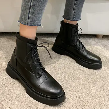 

Genuine Leather Round Toe Martin Boots Woman New Flat Ankle Boots Ladies Black White Working Boots Female Fall Shoes