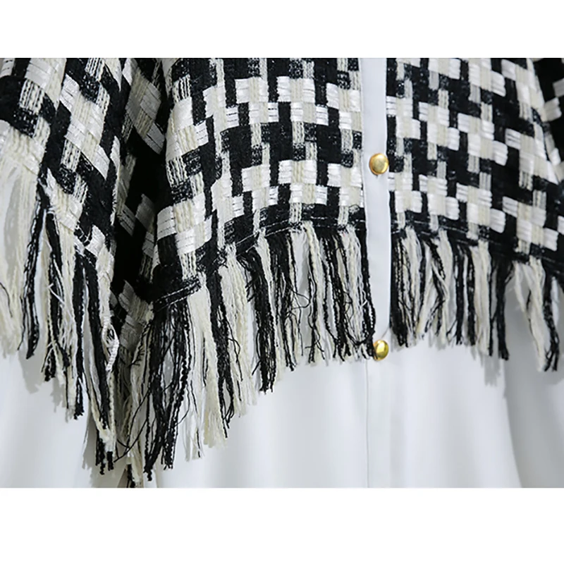 [EAM] Женская белая клетчатая блузка с кисточками, новая свободная рубашка с отворотом и длинным рукавом, модная весенняя Осенняя JZ496