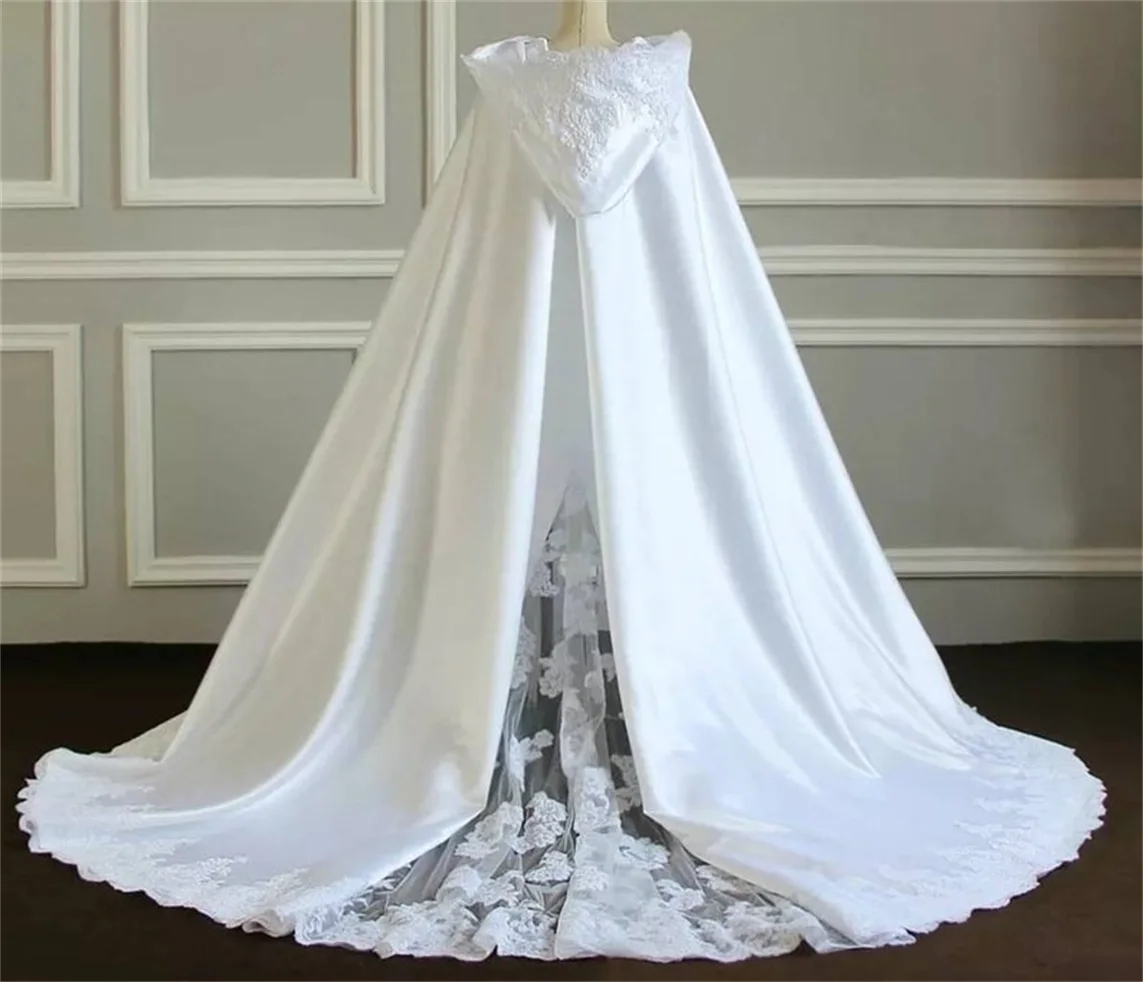 White Hooded Wedding Cloak Lace Silk Satin Winter Bridal Cape Made Bride Bolero Wedding Wrap