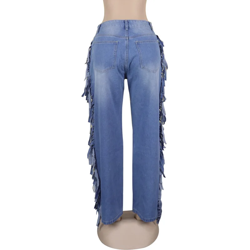 Сексуальные женские джинсы с кисточками, широкие, высокая талия, одноцветные, свободные, джинсы, уличная одежда, Mujer, Осень-зима, размера плюс, синие, длинные джинсы