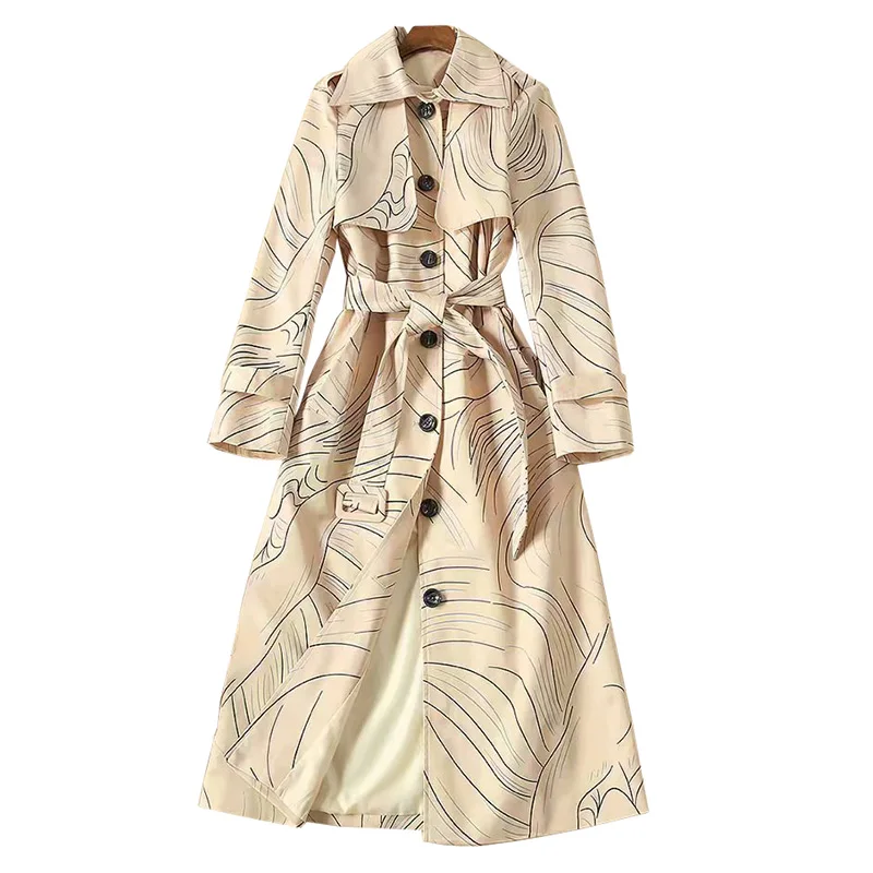 drawing lines print trench coats and raincoats turn-down collar single-breasted buttons long sleeve ladies long coats winters