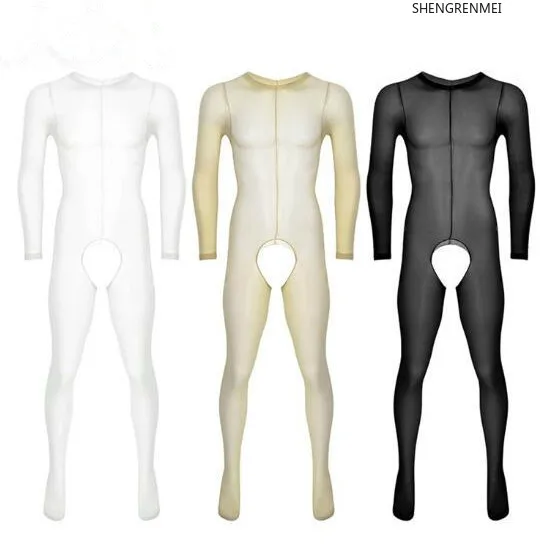 Mens See Through Sheer Long Sleeves Round Neck Crotchless Footed Stretchy Body Pantyhose Tights Full Body Stockings men stockings men bodysuit jumpsuit