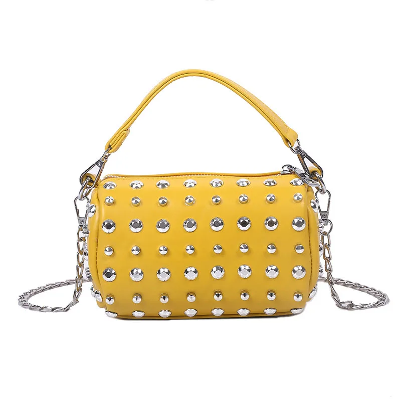 yellow Роскошные маленькие сумки с заклепками, женские сумки, дизайнерские женские сумки, одноцветные женские сумочки на плечо - Цвет: yellow