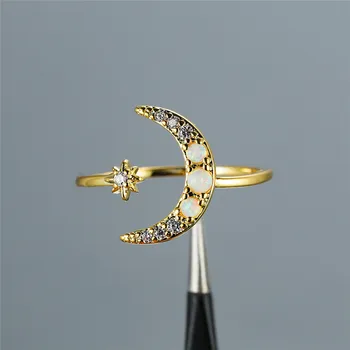 

Luxury Female White Opal Stone Ring Dainty Gold Color Adjustable Wedding Ring Simple Star Moon Thin Engagement Rings For Women