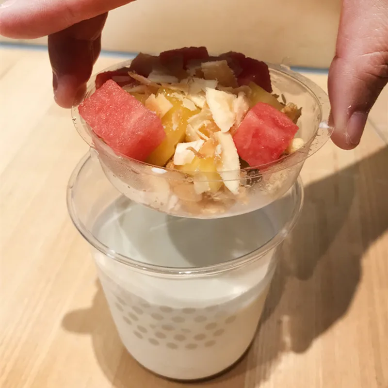 

50pcs High quality U shape disposable oatmeal yoghurt cup 360ml thickened PET ice cream plastic cup with snack plate and lid