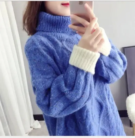 Blue Pull Femme Hiver, толстый осенний зимний женский свитер, пуловеры, теплая водолазка, вязанные рубашки, джемпер, свободная теплая вязаная одежда H167 - Цвет: Blue