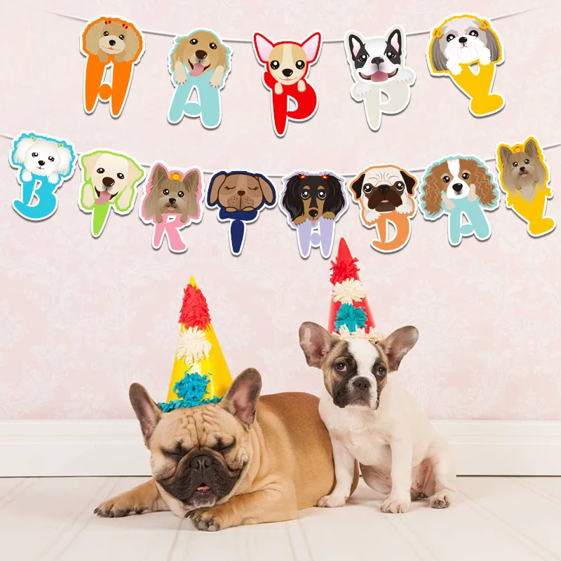 Cartoon cute animal banner bunting dog cat kitten with hat pull flag paper garland children birthday party decoration | Дом и сад