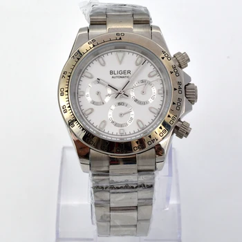 

Bliger 39mm new men's Luxury white dial steel bezel automatic mechanical 3ATM watch steel strap date week function часы мужские