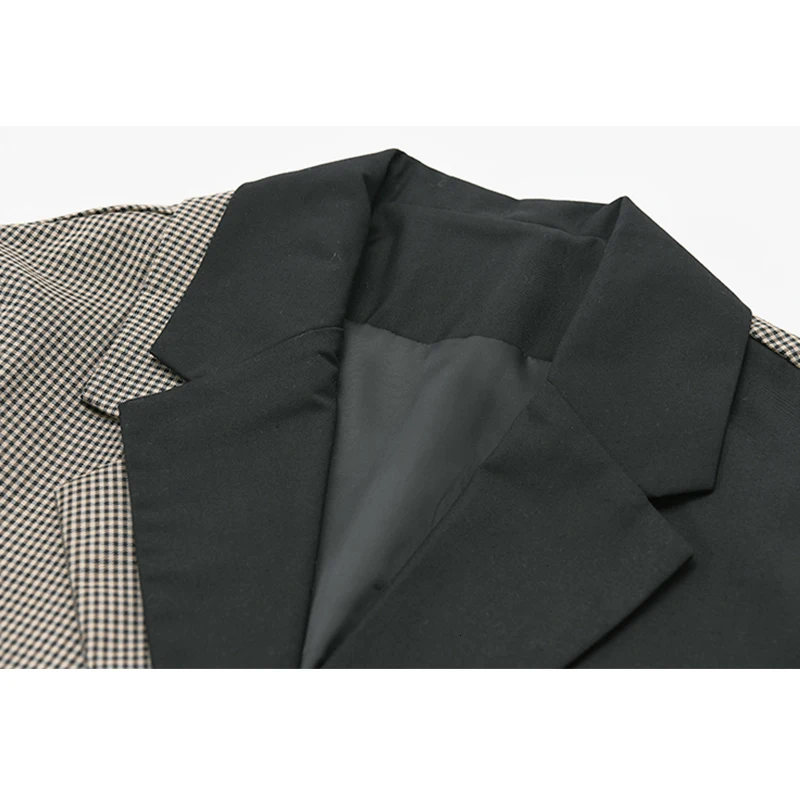 [EAM] женский черный клетчатый бандажный блейзер с разрезом, свободный пиджак с отворотом и длинным рукавом, модный весенний осенний 1B552