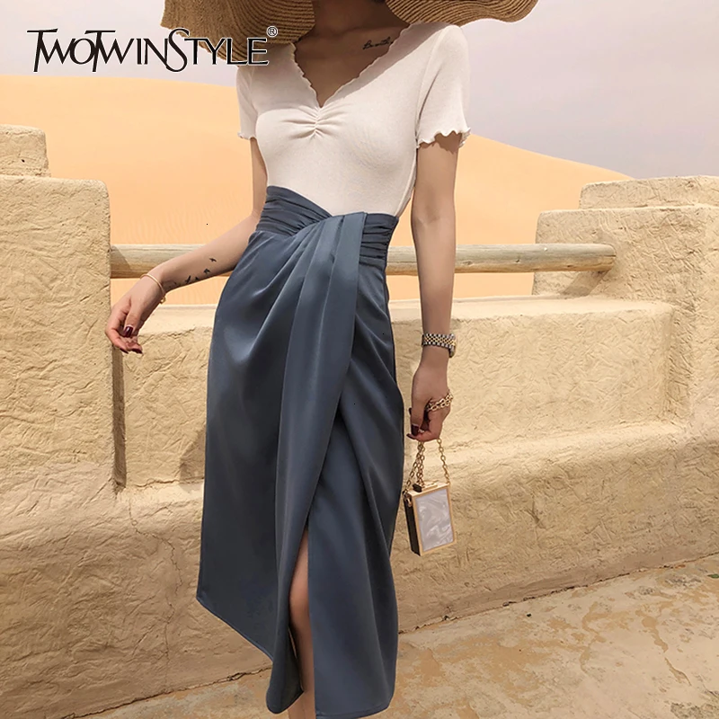 TWOTWINSTYLE Vintage Asymmetrical Side Split Skirts For Female High Waist Irregular Ruched Skirt Women Fashion Clothes Tide