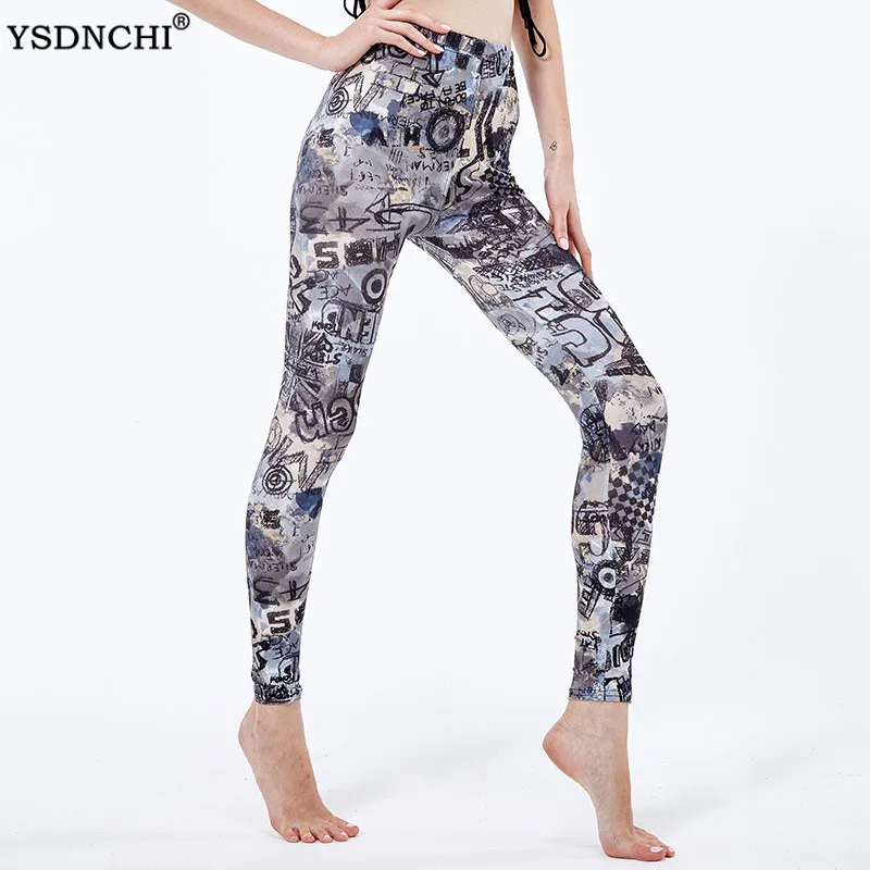 

YSDNCHI Summer Sexy Legging Womens High Waist Seamless Print Graffiti Ankle Length Gym Fitness Leggings Stretch Pants Mujer