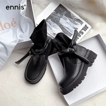 

ENNIS Black Ankle Boots Designer Women Shoes Genuine Leather Platform Boots Thick Sole Velvet Stretch Boots Fashion Shoes A0264