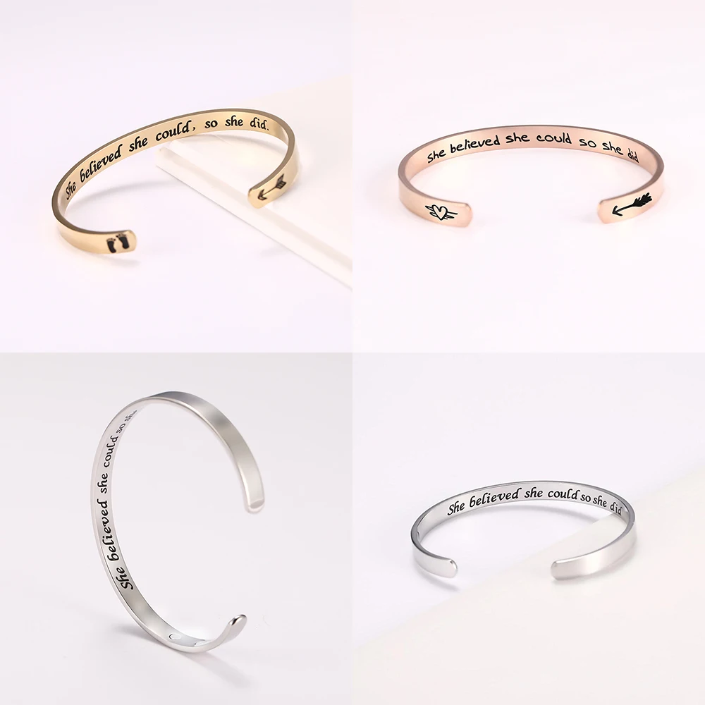Myshape 316L Stainless Steel Engraved She Believed She Could So She Did 3 Magnets Healthy Magnetic Women Cuff Bangle Jewelry