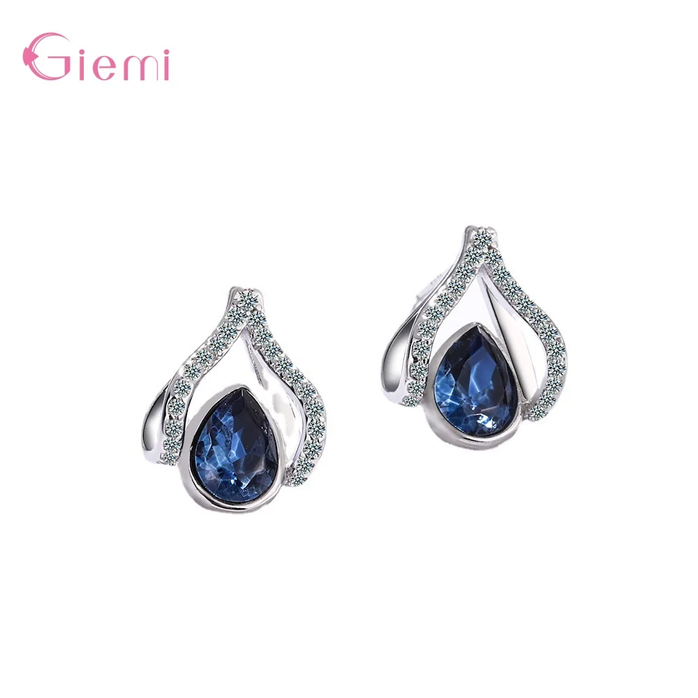 

Genuine 925 Silver Hearts Fashion Dark Blue Color Shiny CZ Simple Stud Earrings For Women Silver Jewelry