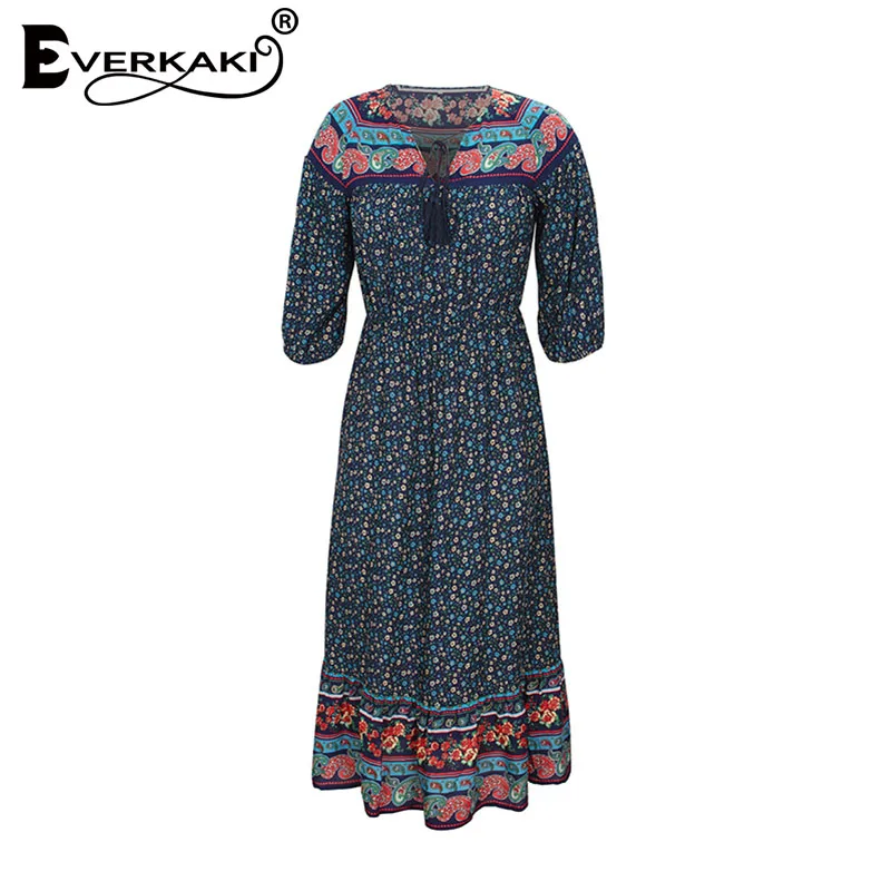 Blue Everkaki, женское длинное платье, бохо, цветочный принт, кисточки, Vestidos Gypsy, Женские винтажные макси платья, для женщин, весна-лето, Новинка - Цвет: Blue