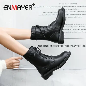 

ENMAYER 2019 Winter Shoes Women Round Toe Cool Motorcycle Boots Genuine Leather Women Boots Mid-Calf Platform Boots 35-39