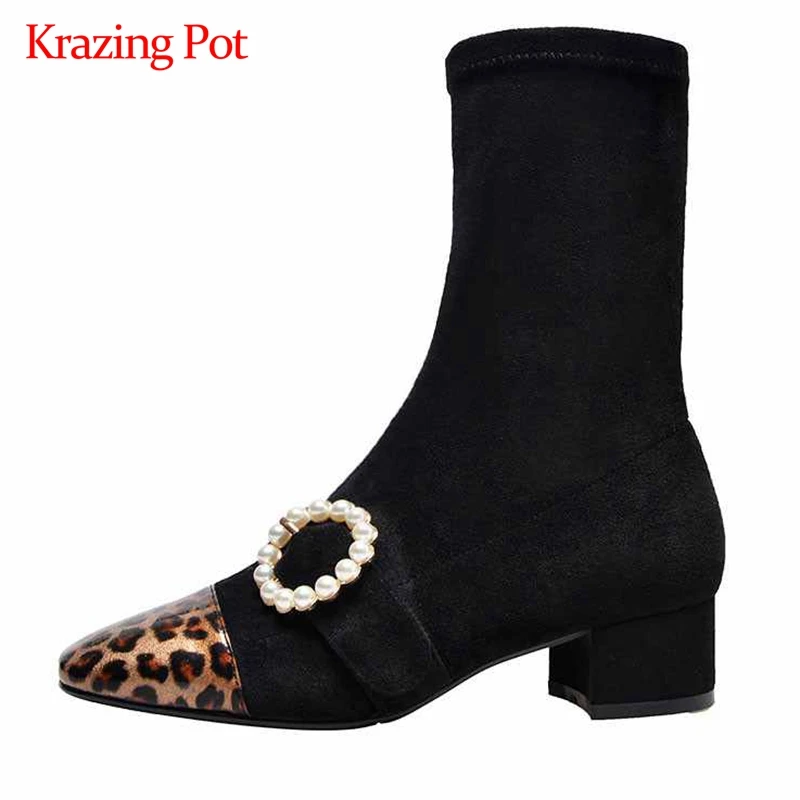 

Krazing pot 2019 leopard microfiber patent leather flock pearl square toe slip on med heels keep warm stretch mid-calf boots L80