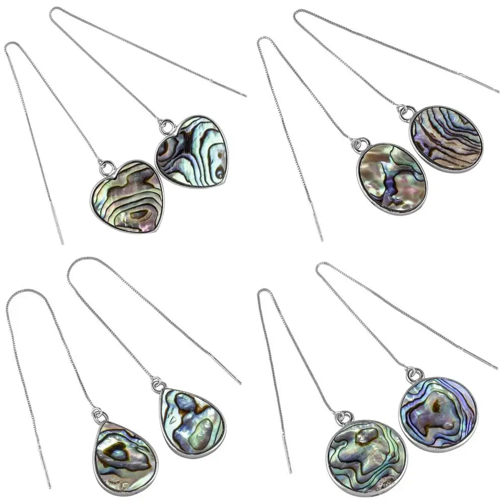 

TUMBEELLUWA Natural Abalone Shell Long Ear Line Women Earrings,Sliver Chain Hanging Round Heart Oval Bead Pendant Charms Jewelry