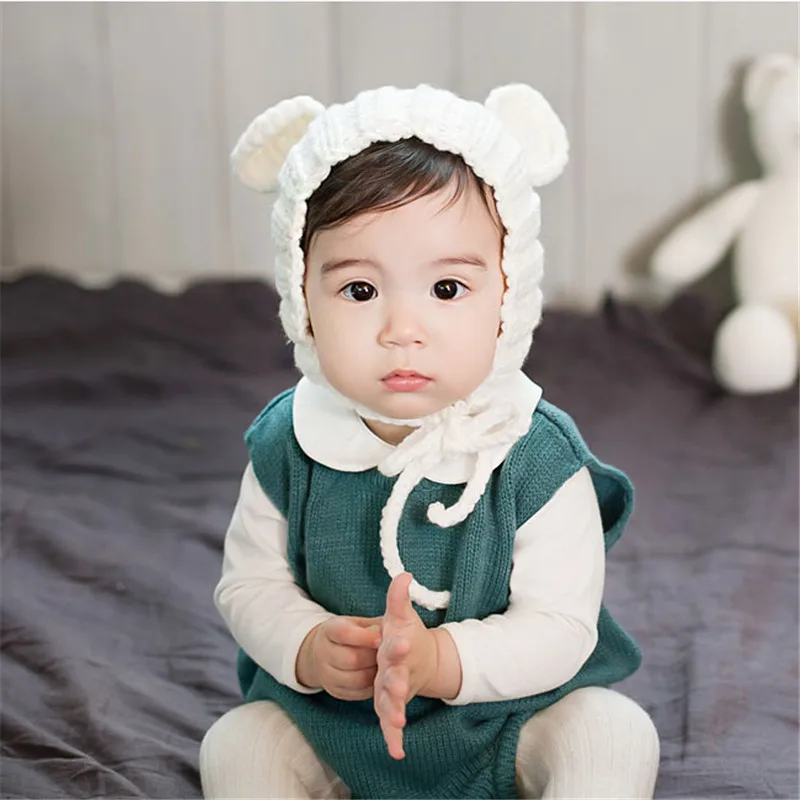 Cute Ear Wool Baby Hat for Girls Boys Handmade Caps Winter Beanie Cap Elastic Toddler Hats Hair Accessories | Детская одежда и