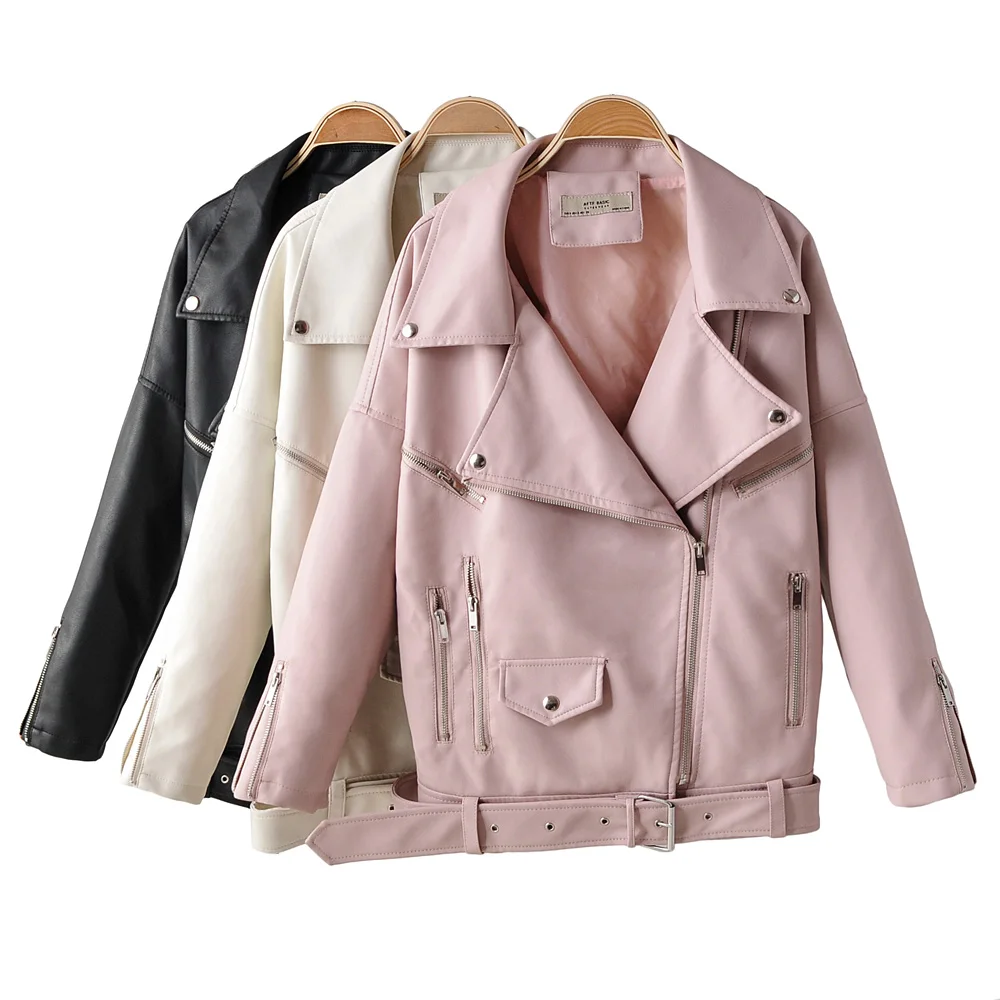 

2019 Autumn Women Loose Faux Soft PU Leather Jackets Lady Free Motorcycel Biker Batwing Sleeve Coat Streetwear Pink Beige Black