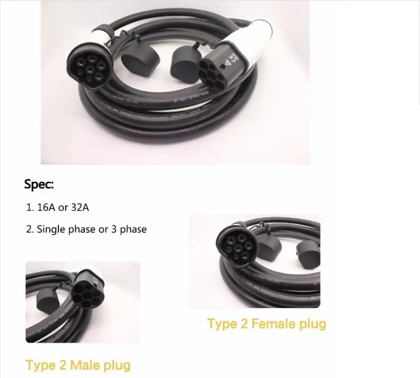 32A 3 Phase Type 2 to Type 2 Electric Vehicle Charging Cable EVSE Charging Station IEC62196-2 EV Connector With 5M Cable