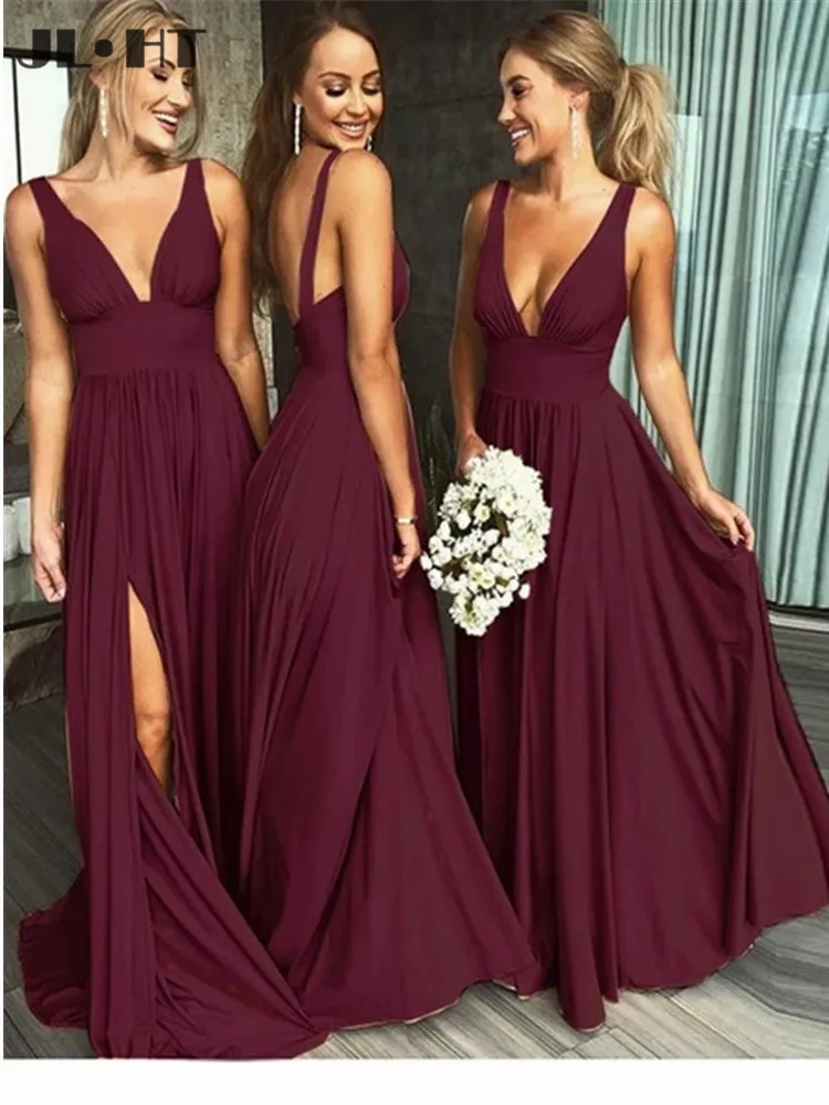 В бордовые платья для подружки невесты с длинным разрезом и v-образным вырезом на бретельках, свадебное платье подружки невесты - Цвет: Burgundy