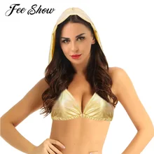 Хит, Женский Блестящий купальник цвета металлик, топ, пляжная одежда, глубокий v-образный вырез, открытая спина, с капюшоном, бюстье, бюстгальтер, бикини, топы, спортивные топы